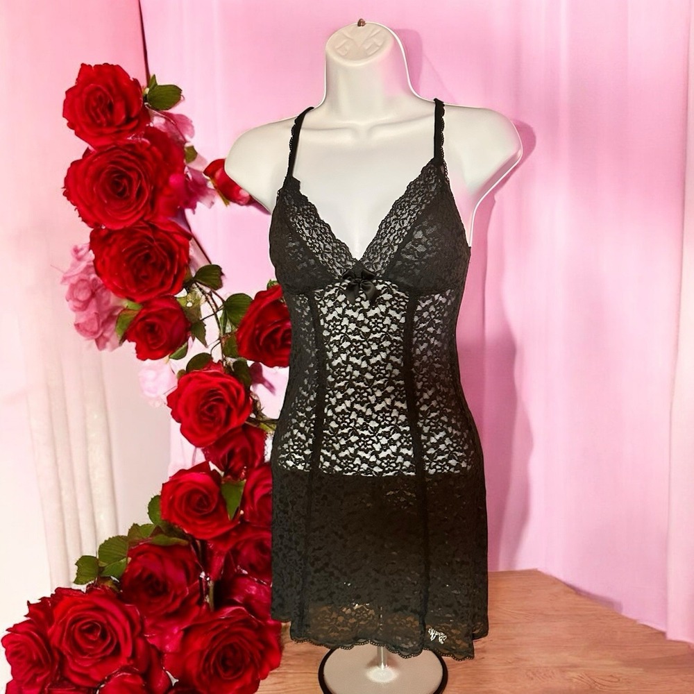 New Victorias Secret Y2K Black Floral Lace Chemise Lingerie Dress Size Med